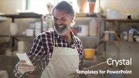  Presentation with phone - Slide set featuring record year - happy potter using mobile phone background and a gray colored foreground