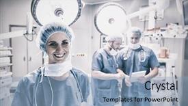  Presentation with operation room - Presentation theme having record year - portrait of smiling female surgeon background and a light blue colored foreground
