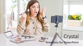  Presentation with influencer - Audience pleasing slide set consisting of recording make up video tutorial backdrop and a light gray colored foreground