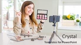  Presentation with influencer - Amazing slide deck having recording make up video tutorial backdrop and a soft green colored foreground