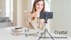  Presentation with influencer - Colorful PPT theme enhanced with recording make up video tutorial backdrop and a light gray colored foreground