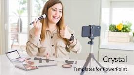  Presentation with influencer - Cool new PPT layouts with recording make up video tutorial backdrop and a soft green colored foreground