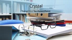  Presentation with archive - Slides with records keeping - documents and glasses on table background and a light blue colored foreground