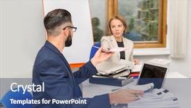  Presentation with archive - PPT layouts with records keeping - man and woman working background and a ocean colored foreground