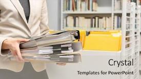  Presentation with archive - Audience pleasing PPT theme consisting of records keeping - woman searching for documents backdrop and a soft green colored foreground