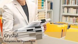  Presentation with archive - Audience pleasing PPT theme consisting of records keeping - woman searching for documents backdrop and a coral colored foreground
