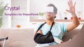  Presentation with rider - Slide set enhanced with virtual reality rehab - injured motorbike rider recovering background and a sky blue colored foreground