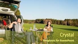  Presentation with rv camping - Colorful PPT theme enhanced with recreation vehicle - camping car happy couple enjoy backdrop and a tawny brown colored foreground