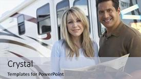  Presentation with brochure - Beautiful presentation theme featuring recreation vehicle - couple looking through rv brochure backdrop and a lemonade colored foreground