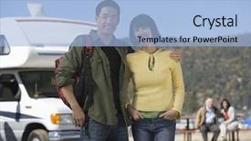  Presentation with lake front - Cool new PPT theme with recreation vehicle - couples standing in front backdrop and a  colored foreground