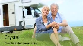  Presentation with happy camper - Cool new presentation theme with recreation vehicle - happy senior couple sitting backdrop and a yellow colored foreground