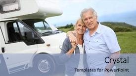  Presentation with camping - PPT theme with recreation vehicle - happy senior couple standing background and a light blue colored foreground