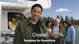  Presentation with lake front - Theme consisting of recreation vehicle - man standing in front background and a dark gray colored foreground