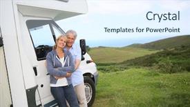 Presentation with rv travel rv motorhome - Colorful PPT layouts enhanced with recreation vehicle - senior couple standing by motorhome backdrop and a sky blue colored foreground