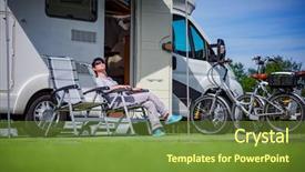  Presentation with caravan - Amazing PPT layouts having recreation vehicle - woman resting on a chair backdrop and a tawny brown colored foreground