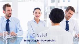  Presentation with job interview - Beautiful slide set featuring recruiters checking the candidate during a job interview at office backdrop and a sky blue colored foreground