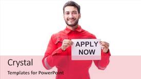  Presentation with white - Beautiful presentation theme featuring recruitment industry - man in coveralls with message backdrop and a red colored foreground