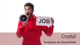  Presentation with white - PPT theme featuring recruitment industry - man in coveralls with message background and a  colored foreground