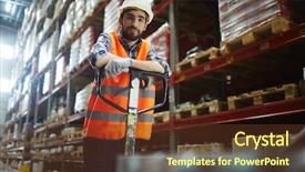  Presentation with recruitment - Colorful theme enhanced with recruitment industry - portrait of cheerful warehouse loader backdrop and a tawny brown colored foreground