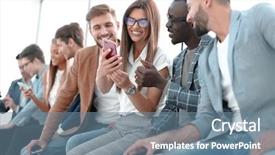  Presentation with smartphones - Audience pleasing PPT layouts consisting of youth gadgets - group of young people backdrop and a gray colored foreground