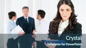 Presentation with job interview - PPT theme featuring recrutiment - satisfied smiling business woman compiling background and a ocean colored foreground