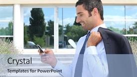  Presentation with security encryption decryption text - Cool new slides with recruting placements - businessman stood outdoors sending text backdrop and a light blue colored foreground