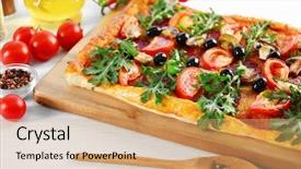  Presentation with pizza - Amazing PPT layouts having rectangle delicious pizza and vegetables backdrop and a  colored foreground