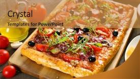  Presentation with pizza - Cool new PPT theme with rectangle delicious pizza and vegetables backdrop and a gold colored foreground