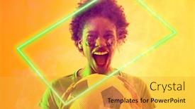  Presentation with female soccer - PPT theme enhanced with rectangle-neon-over-african-american background and a yellow colored foreground
