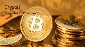  Presentation with blockchain technology - Presentation design featuring recuerdos de actividad fisica - shiny physical bitcoins blockchain technology background and a gold colored foreground