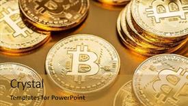  Presentation with blockchain technology - Colorful slide set enhanced with recuerdos de actividad fisica - shiny physical bitcoins on golden backdrop and a  colored foreground