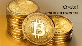  Presentation with blockchain technology - PPT layouts enhanced with recuerdos de actividad fisica - shiny physical bitcoins on golden background and a  colored foreground