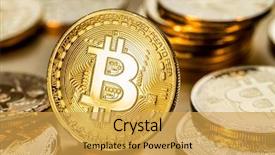  Presentation with blockchain technology - Audience pleasing theme consisting of recuerdos de actividad fisica - shiny physical bitcoins on golden backdrop and a yellow colored foreground