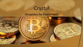 Presentation with blockchain technology - PPT layouts featuring recuerdos de actividad fisica - shiny physical bitcoins on golden background and a  colored foreground