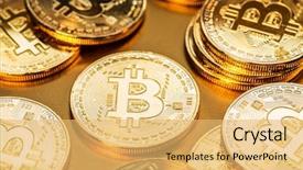  Presentation with blockchain technology - Beautiful presentation featuring recuerdos de actividad fisica - shiny physical bitcoins on golden backdrop and a yellow colored foreground