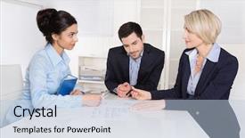  Presentation with teamwork - Cool new presentation design with recuritment management - happy teamwork - business team backdrop and a light blue colored foreground