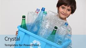  Presentation with bottles - Audience pleasing slides consisting of recycle - child recycling plastic bottles backdrop and a light blue colored foreground