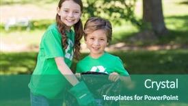  Presentation with siblings - PPT theme consisting of recycle - happy siblings collecting rubbish background and a ocean colored foreground