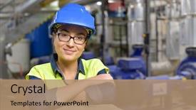  Presentation with industrial engineer - PPT theme enhanced with recycle - industrial engineer standing in recycling background and a coral colored foreground