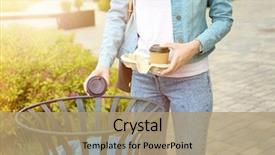  Presentation with bin - Audience pleasing slide set consisting of recycle - woman throwing paper cup backdrop and a coral colored foreground