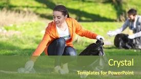 Presentation with volunteer - Colorful presentation design enhanced with recycle - young beautiful volunteer picking up backdrop and a tawny brown colored foreground