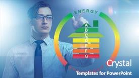  Presentation with energy efficiency - Colorful slides enhanced with recycle certificate - businessman in energy efficiency concept backdrop and a teal colored foreground