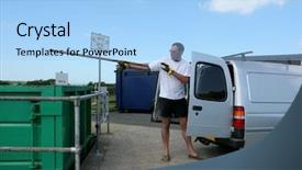  Presentation with waste - Colorful presentation design enhanced with recycle metals - man throwing metal waste backdrop and a  colored foreground