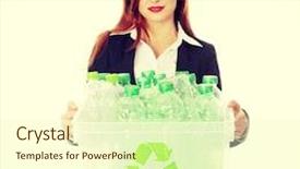  Presentation with recyclable plastic container - Colorful PPT theme enhanced with recycled bottles - young businesswoman carrying a plastic backdrop and a  colored foreground