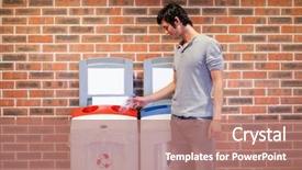  Presentation with plastic recycling - Slides having recycled bottles - young man recycling a plastic background and a coral colored foreground