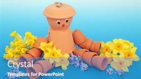  Presentation with daffodil - PPT layouts featuring recycled-flowerpot-man-garden-ornament background and a teal colored foreground