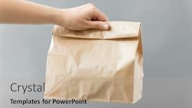  Presentation with brown paper bag - Colorful presentation design enhanced with recycling-and-ecology-concept-hand backdrop and a mint green colored foreground