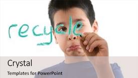  Presentation with recycle glass waste for recycling - PPT theme enhanced with recycling background - little boy writing recycle background and a lemonade colored foreground