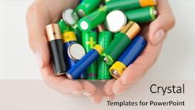  Presentation with battery recycling - Cool new slide deck with recycling energy power environment and ecology concept - close up of hands holding alkaline batteries heap backdrop and a lemonade colored foreground