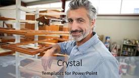  Presentation with carpenter - Slides with recycling furniture - smiling carpenter standing in workshop background and a light blue colored foreground